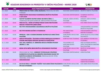 KOLEDAR DOGODKOV ZA MESEC MAREC 2020