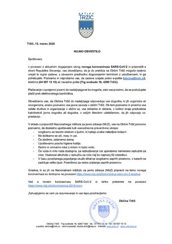 NUJNO OBVESTILO - ukrepi ob koronavirusu na Občini Tržič