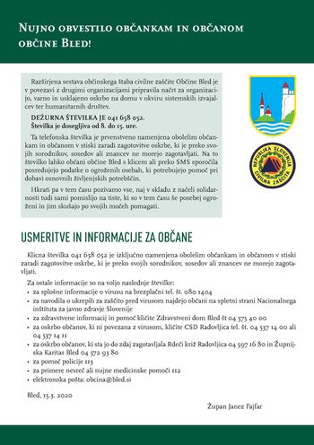 Koronavirus: Obvestilo zdravstvenega doma Bled