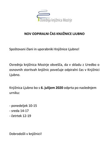 Nov odpiralni čas Knjižnice Ljubno