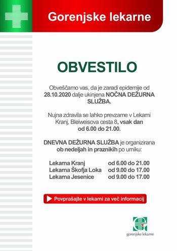 Začasno ukinjena nočna dežurna služba v Lekarni Kranj