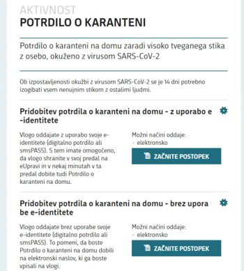 Nov način pridobivanja potrdil o prestajanju karantene na domu