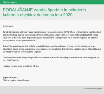 Podaljšanje ukrepa zaprtja javnih športnih in določenih kulturnih prostorov v občini Logatec do konca leta 2020