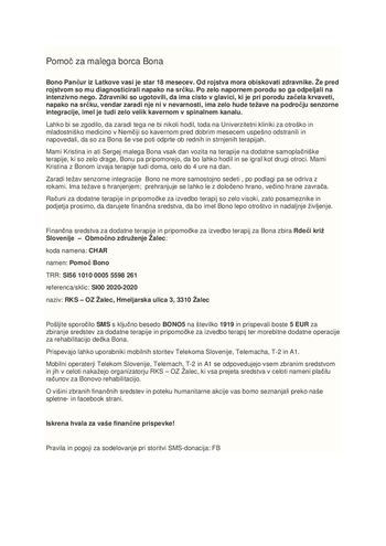 Pomoč za malega borca Bona - pošlji SMS BONO5 na 1919
