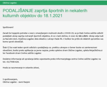 Podaljšanje ukrepa zaprtja javnih športnih in določenih kulturnih objektov v občini Logatec do 18. 1. 2021