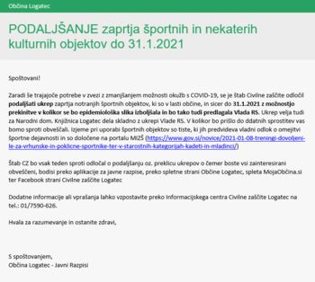 Podaljšanje zaprtja športnih in nekaterih kulturnih objektov do 31. januarja 2021