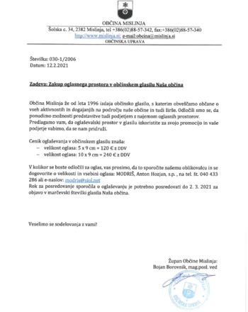 Zakup oglasnega prostora v občinskem glasilu Naša občina Zakup oglasnega prostora v občinskem glasilu Naša občina