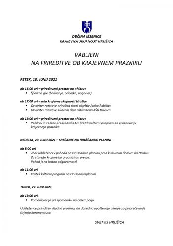 KS Hrušica vabi na prireditve ob krajevnem prazniku