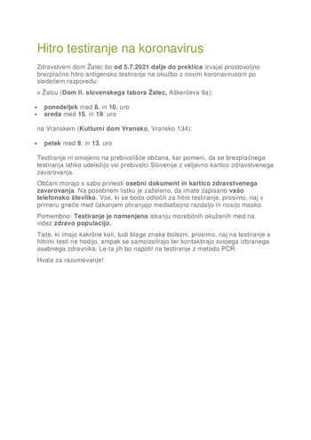Prostovoljno brezplačno hitro antigensko testiranje SARS-COV