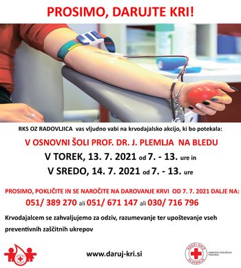 Krvodajalska akcija v torek, 13.,  in v sredo, 14. julija 