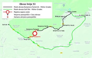 Obvoz avtobusne linije 53 Polhov Gradec-Suhi dol zaradi popolne zapore ceste v Mali vodi Obvoz avtobusne linije 53 Polhov Gradec-Suhi dol zaradi popolne zapore ceste v Mali vodi