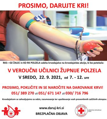Krvodajalska akcija v veroučni učilnici Župnije Polzela, 22. 9. 2021, od 7. do 12.