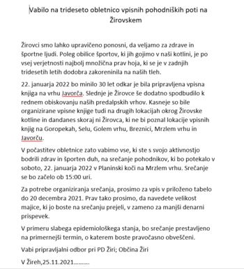 Obvestilo in vabilo na 30. obletnico vpisnih pohodniških poti na Žirovskem