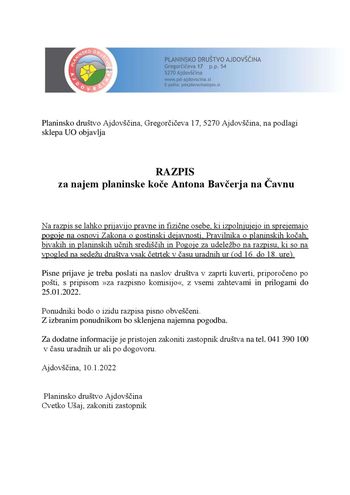 Najem koče na Čavnu
