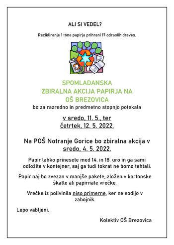SPOMLADANSKA ZBIRALNA AKCIJA PAPIRJA NA  OŠ BREZOVICA