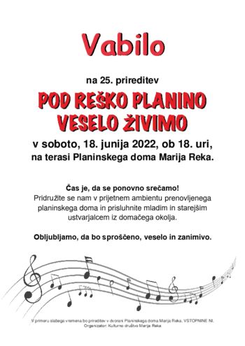 25. pod Reško planino veselo živimo - 18. junij 2022 od 18.00 dalje 25. pod Reško planino veselo živimo - 18. junij 2022 od 18.00 dalje