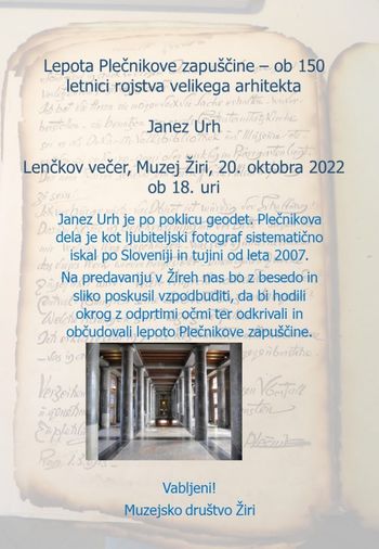 Vabljeni na Lenčkov večer; Lepota Plečnikove zapuščine Vabljeni na Lenčkov večer; Lepota Plečnikove zapuščine