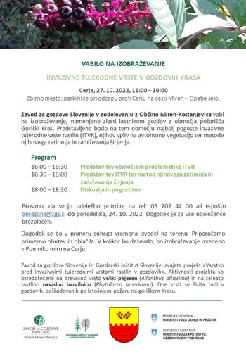 Invazivne tujerodne vrste v gozdovih Krasa - vabilo na izobraževanje