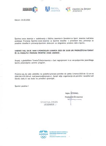 Vabilo na Podelitev priznanj športnikom