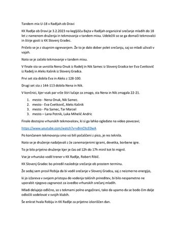Kegljanje, tandem mix, Radlje