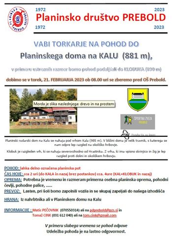 Vabljeni na prvi pohod "torkarjev" v letu 2023 na Kal oz. Klobu