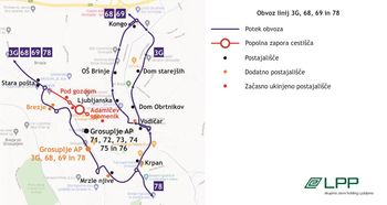 Obvozi linij LPP v času popolne zapore Adamičeve ceste