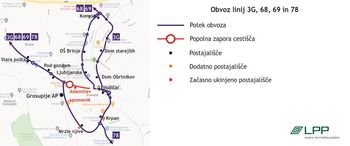 Obvozi linij LPP v času popolne zapore Adamičeve ceste