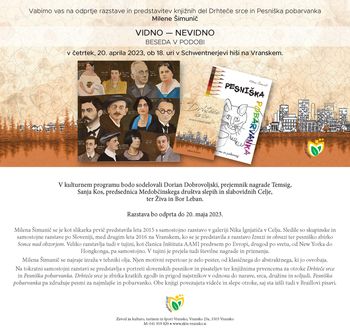 VIDNO - NEVIDNO, BESEDA V PODOBI, vabilo na odprtje razstave in predstavitev knjižnih del Drhteče srce in Pesniška pobarvanka Milene Šimunič