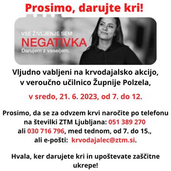 Krvodajalska akcija - veroučna učilnica Župnije Polzela, 21. 6. 2023, od 7. do 12. ure