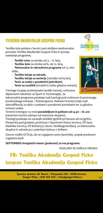 SEPTEMBER - MESEC BREZPLAČNE TENIŠKE ŠOLE