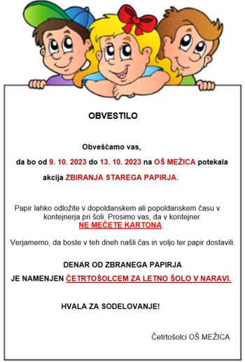 OBVESTILO - AKCIJA ZBIRANJA STAREGA PAPIRJA