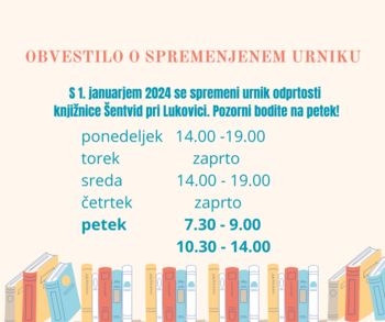 SPREMENJEN URNIK KNJIŽNICE V ŠENTVIDU IN POTUJOČE KNJIŽNICE
