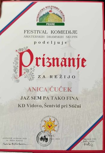 PRIZNANJE ZA NAJBOLJŠO REŽIJO 20. FESTIVALA KOMEDIJE REŽISERKI ANICI ČUČEK
