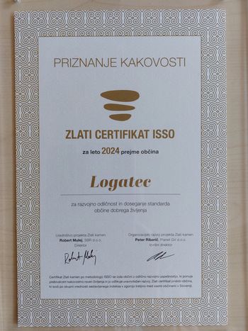Občina Logatec med prejemniki Certifikata ISSO Zlati kamen