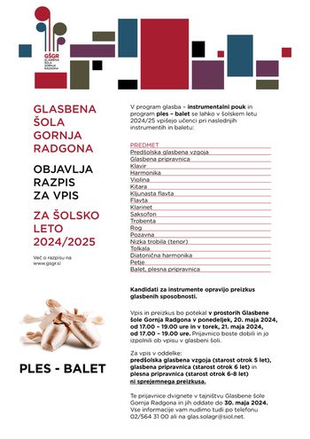 Glasbena šola Gornja Radgona - Razpis za vpis za šolsko leto 2024/2025