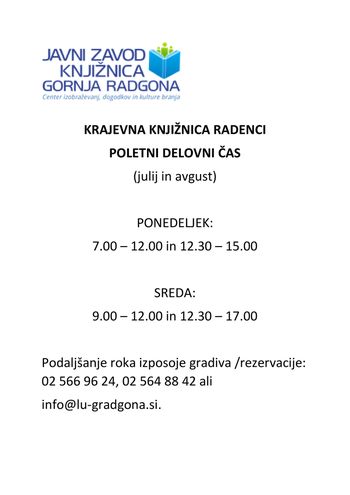 Poletni delovni čas - Knjižnica Radenci