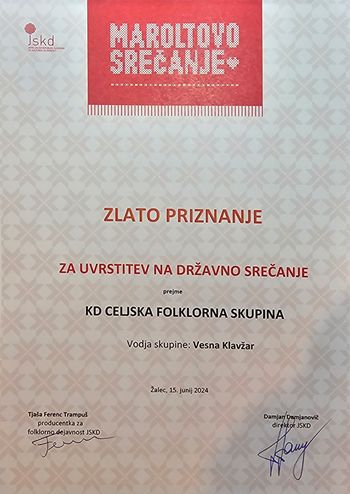 Zlato priznanje za uvrstitev na državno srečanje 15.06.2024