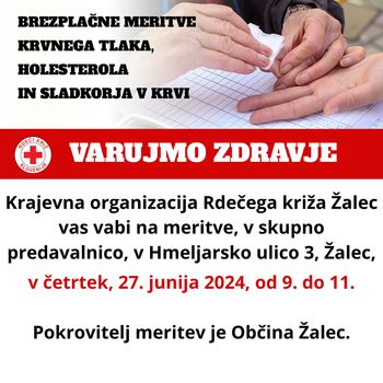 Brezplačno merjenje krvnih vrednosti, skupna predavalnica, Hmeljarska ulica 3, Žalec, 27. 6. 2024, od 9. do 11. ure!