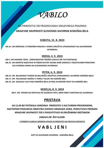 Vabilo na praznovanje krajevnega praznika KS Javornik - Koroška Bela