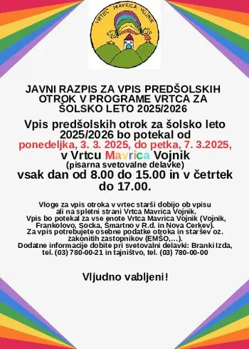  JAVNI RAZPIS ZA VPIS PREDŠOLSKIH OTROK V PROGRAME VRTCA ZA ŠOLSKO LETO 2025/2026