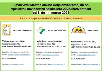 Vpis otrok novincev v javne vrtce Mestne občine Celje za šolsko leto 2025/2026