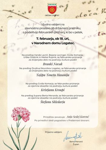 Vabilo na proslavo Občine Logatec s podelitvijo februarskih priznanj, 7. 2. 2025, ob 18. uri, Narodni dom Logatec