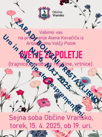Cvetje za poletje, predavanje Alena Kovačiča iz Arboretuma Volčji Potok prestavljeno na 6. maj.