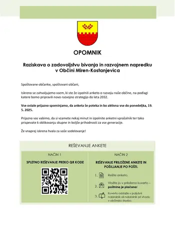 SOUSTVARJAJMO PRIHODNOST OBČINE MIREN-KOSTANJEVICA - ANKETA JE ZAKLJUČENA