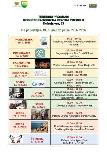 Program Medgeneracijskega centra Prebold, od ponedeljka, 19. 5. 2025 do petka, 23. 5. 2025 Program Medgeneracijskega centra Prebold, od ponedeljka, 19. 5. 2025 do petka, 23. 5. 2025