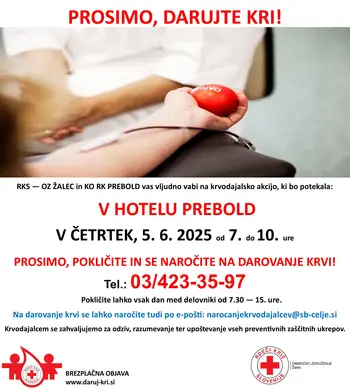 Krvodajalska akcija v Hotelu Prebold, v četrtek, 5. 6. 2025, od 7. do 10. ure!
