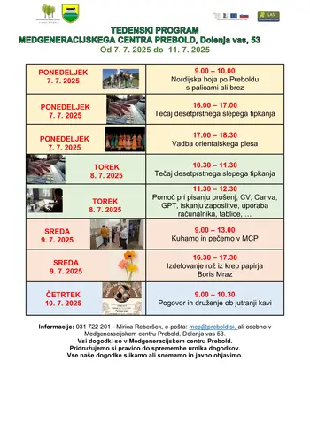Program Medgeneracijskega centra Prebold, od ponedeljka, 7. 7. 2025 do petka, 11. 7. 2025