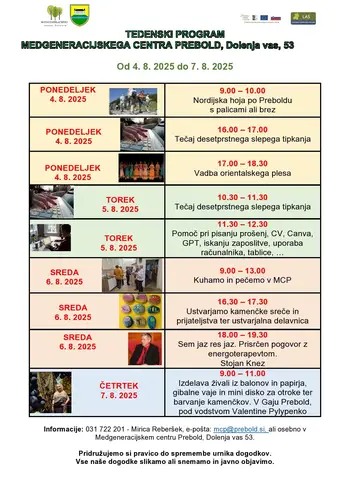 Program Medgeneracijskega centra Prebold, od ponedeljka, 4. 8. 2025 do petka, 8. 8. 2025