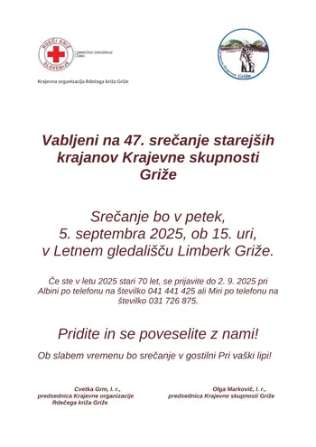 Vabilo na 47. srečanje starejših krajanov Krajevne skupnosti Griže