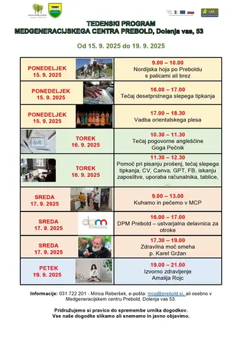 Program Medgeneracijskega centra Prebold, od ponedeljka, 15. 9. 2025 do petka, 19. 9. 2025